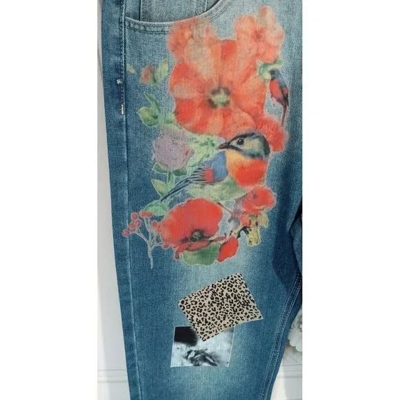 MissLook Women's High Waist Printed Floral Blue Jeans  Raw Hem Sz Medium - Picture 2 of 8
